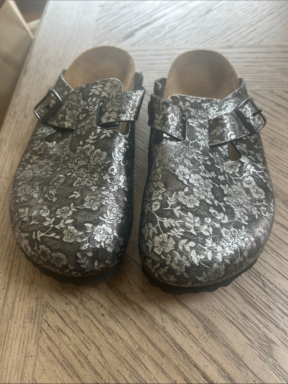 Birkenstock Silver-Patterned Floral Clogs